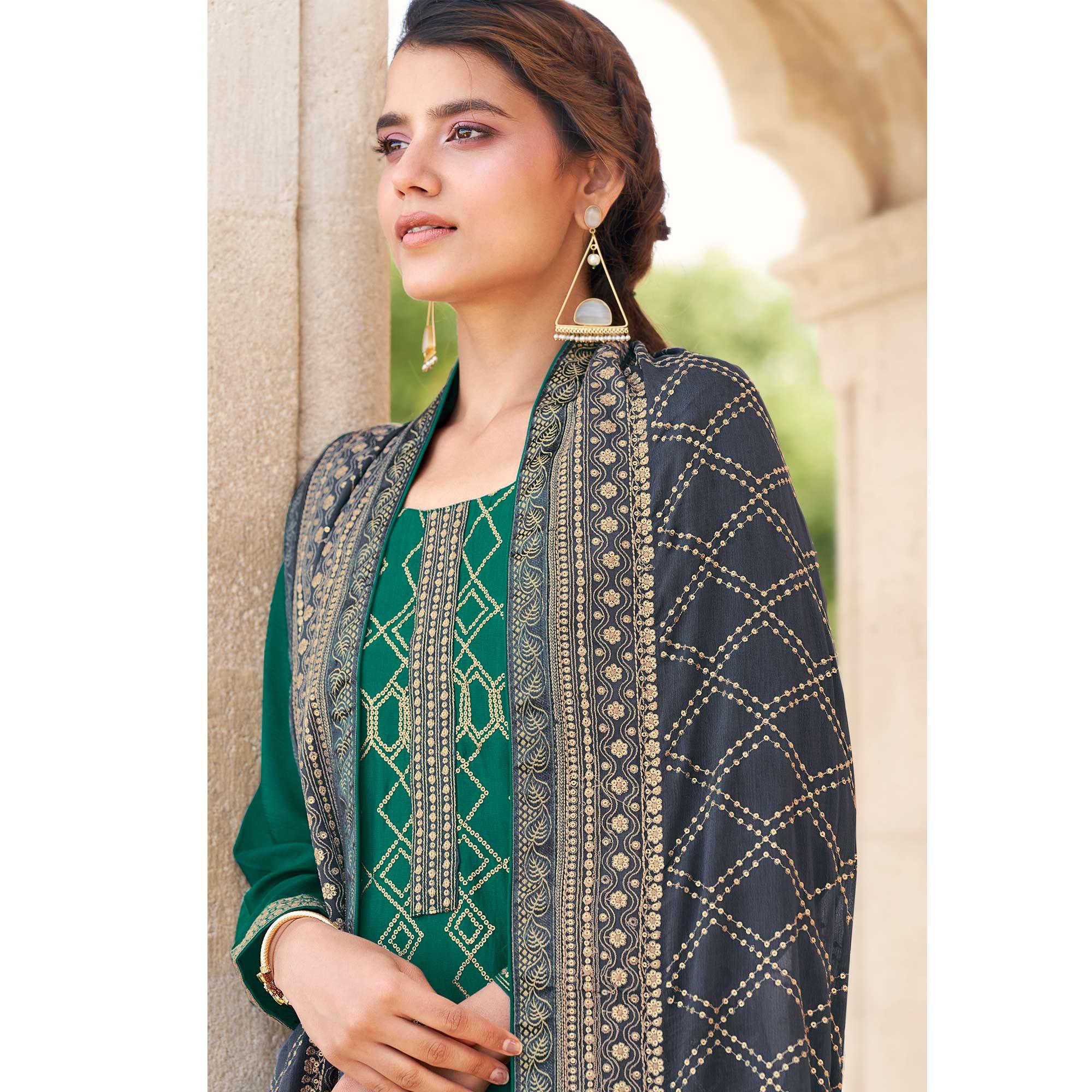 Green Partywear Embroidered Georgette Partywear Suit - Peachmode