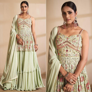 Green Partywear Embroidered Georgette Sharara Suit - Peachmode