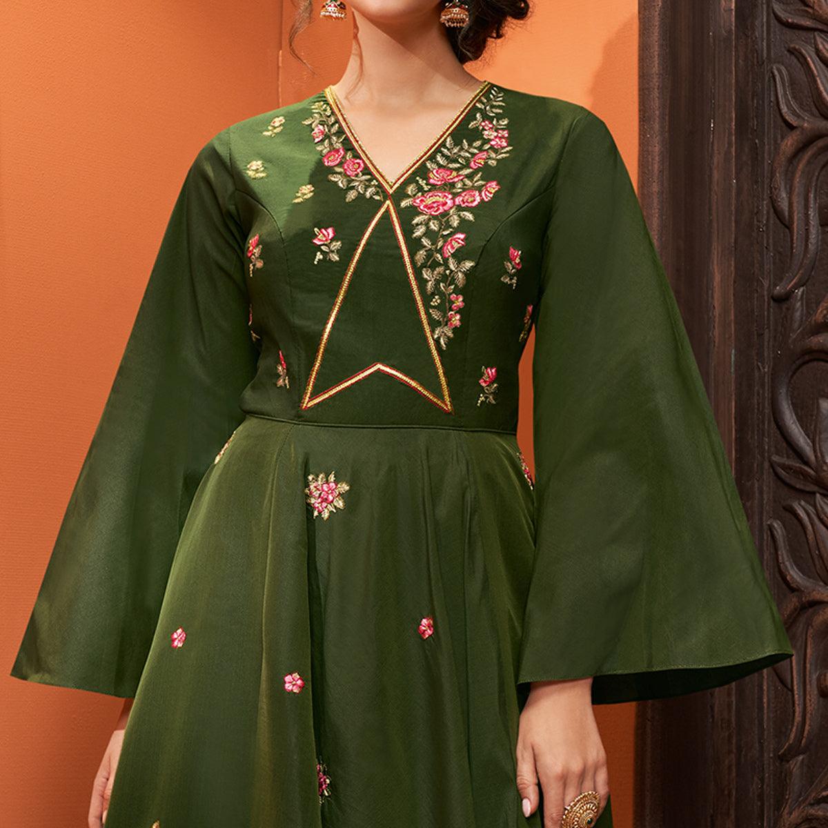 Green Partywear Embroidered Heavy Cotton Gown - Peachmode
