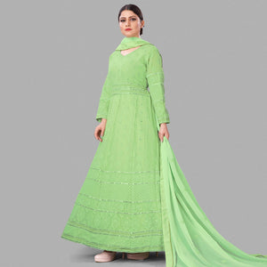 Green Partywear Embroidered Heavy Faux Georgette A Line Anarkali Suit - Peachmode