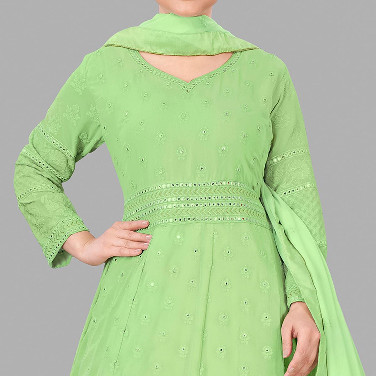 Green Partywear Embroidered Heavy Faux Georgette A Line Anarkali Suit - Peachmode