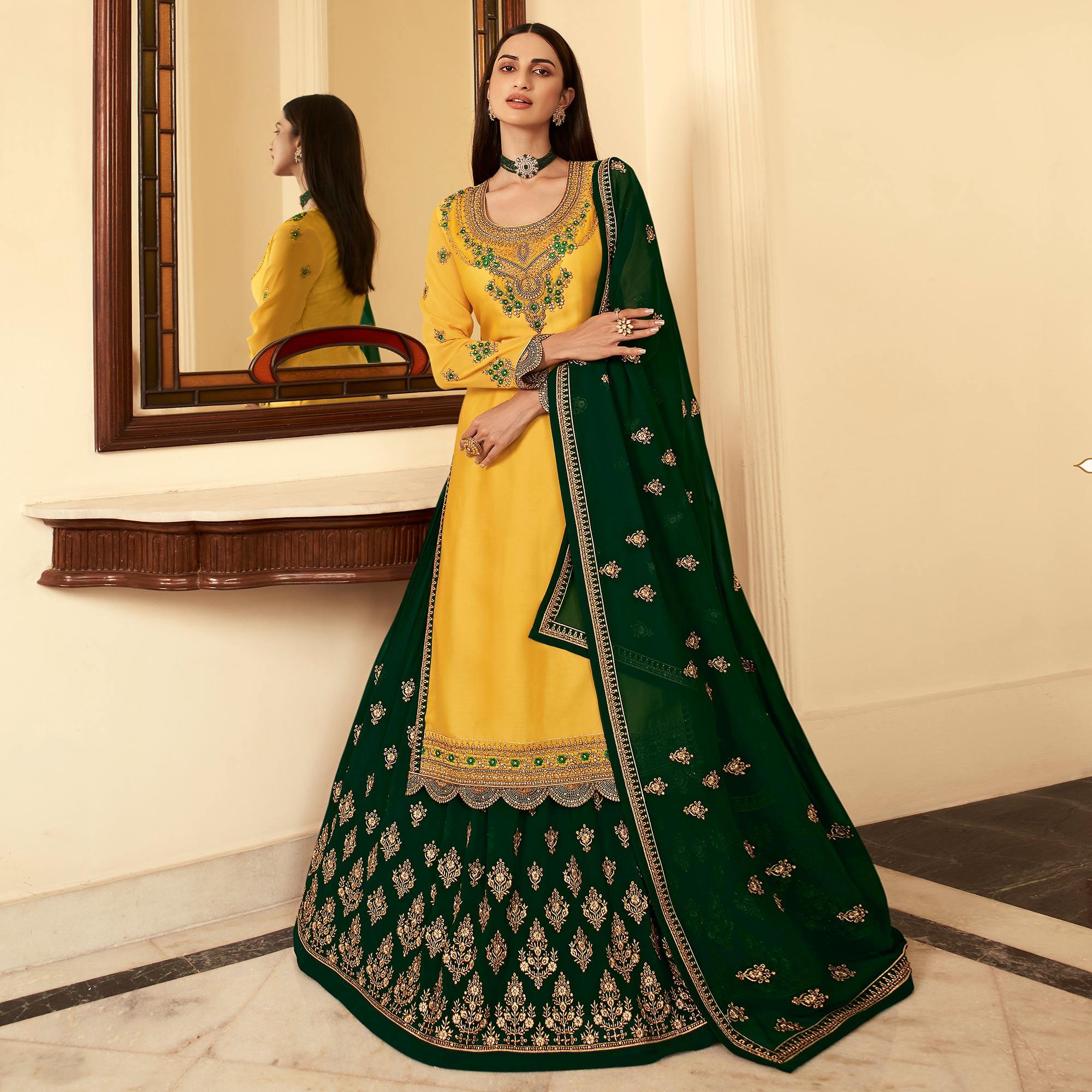 Green Partywear Embroidered Heavy Faux Georgette Lehenga Choli - Peachmode