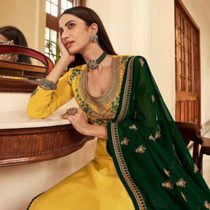Green Partywear Embroidered Heavy Faux Georgette Lehenga Choli - Peachmode
