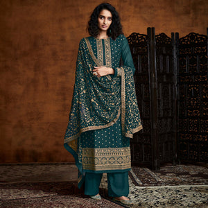 Green Partywear Embroidered Heavy Faux Georgette Palazzo Suit - Peachmode