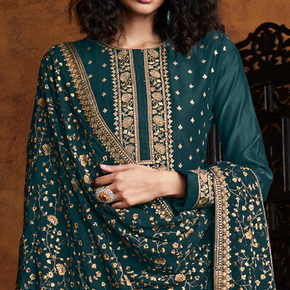 Green Partywear Embroidered Heavy Faux Georgette Palazzo Suit - Peachmode