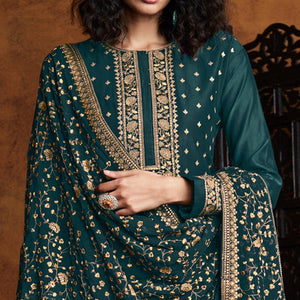 Green Partywear Embroidered Heavy Faux Georgette Palazzo Suit - Peachmode
