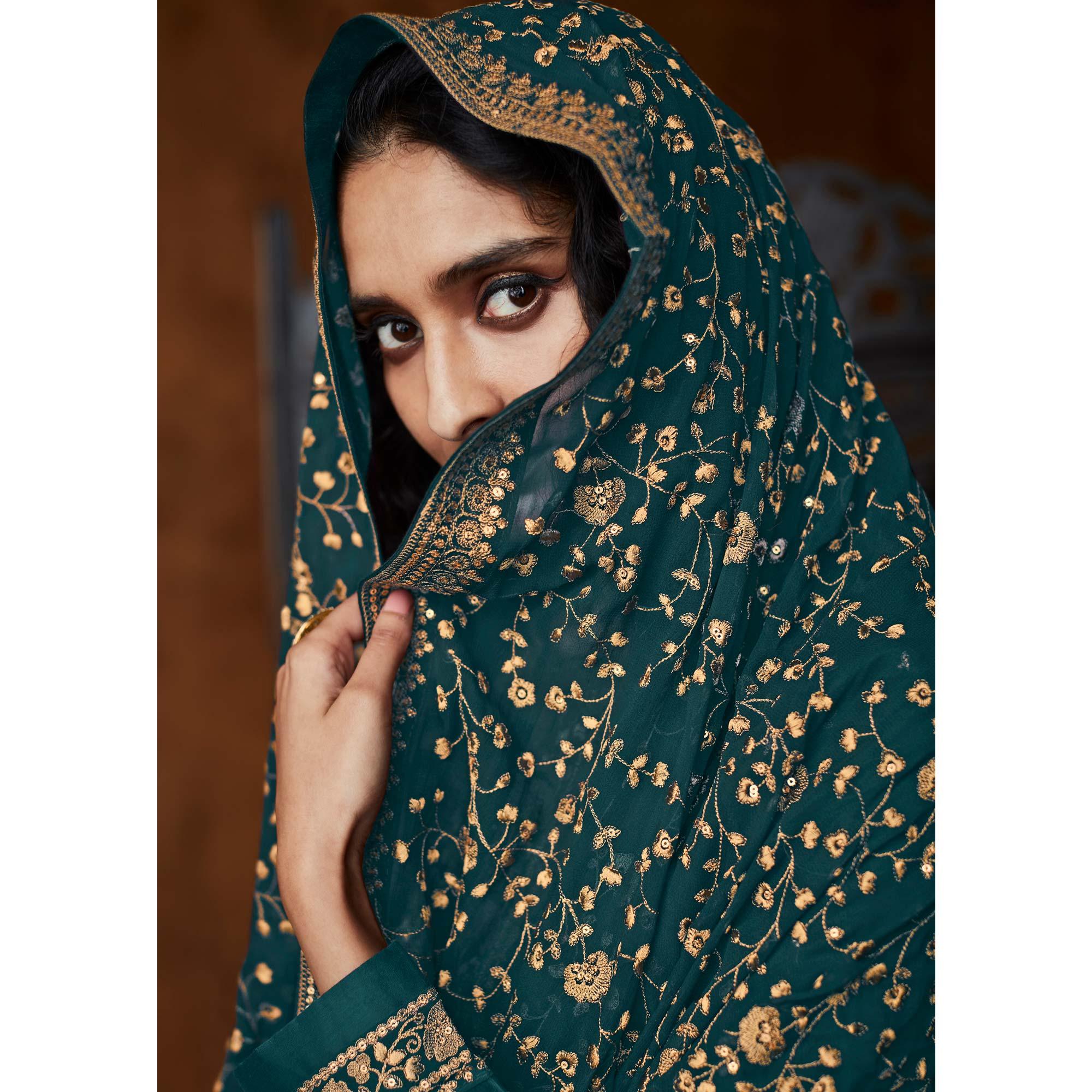 Green Partywear Embroidered Heavy Faux Georgette Palazzo Suit - Peachmode