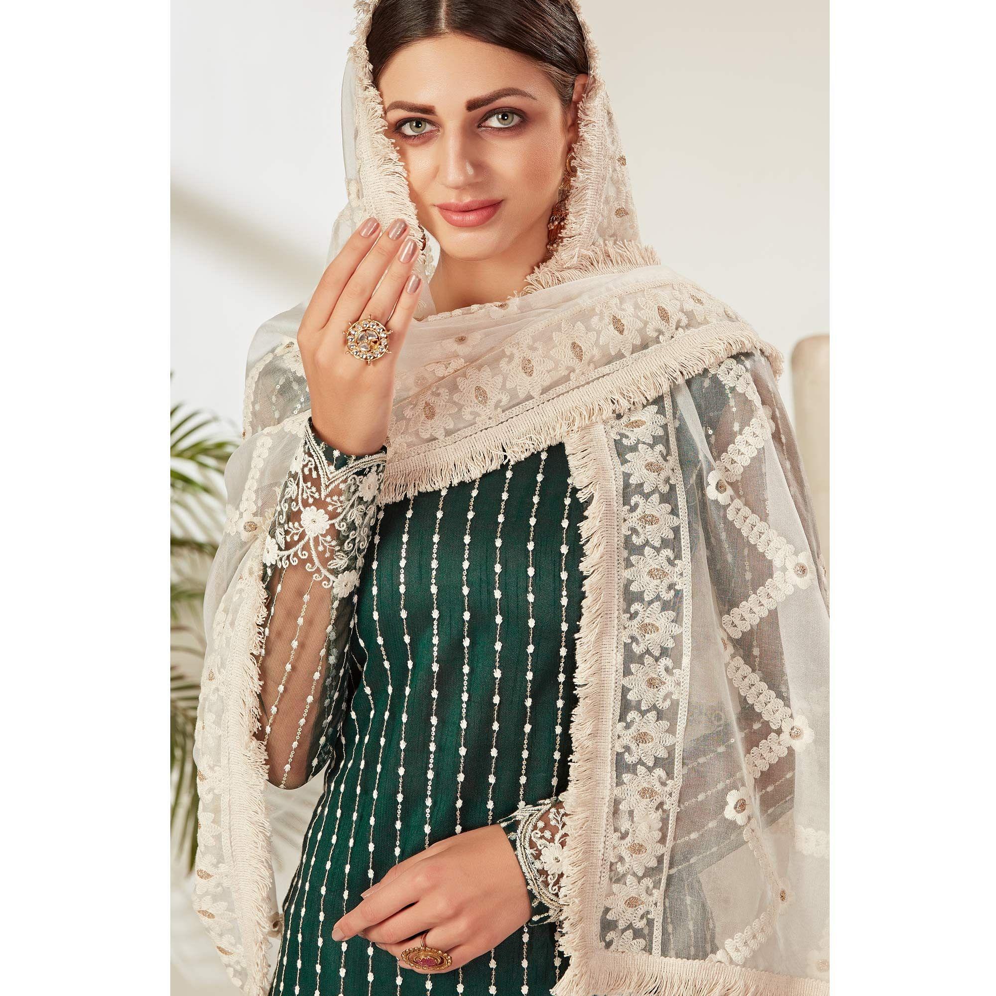 Green Partywear Embroidered Heavy Net Pakistani Suit - Peachmode