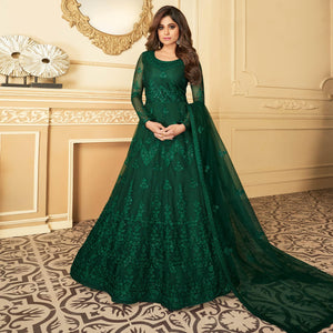 Green Partywear Embroidered Net Anarkali Suit - Peachmode