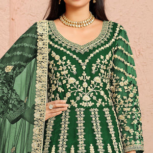 Green Partywear Embroidered Net Anarkali Suit - Peachmode