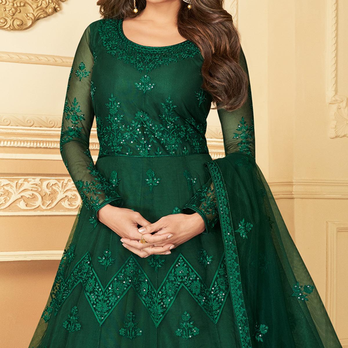 Green Partywear Embroidered Net Anarkali Suit - Peachmode