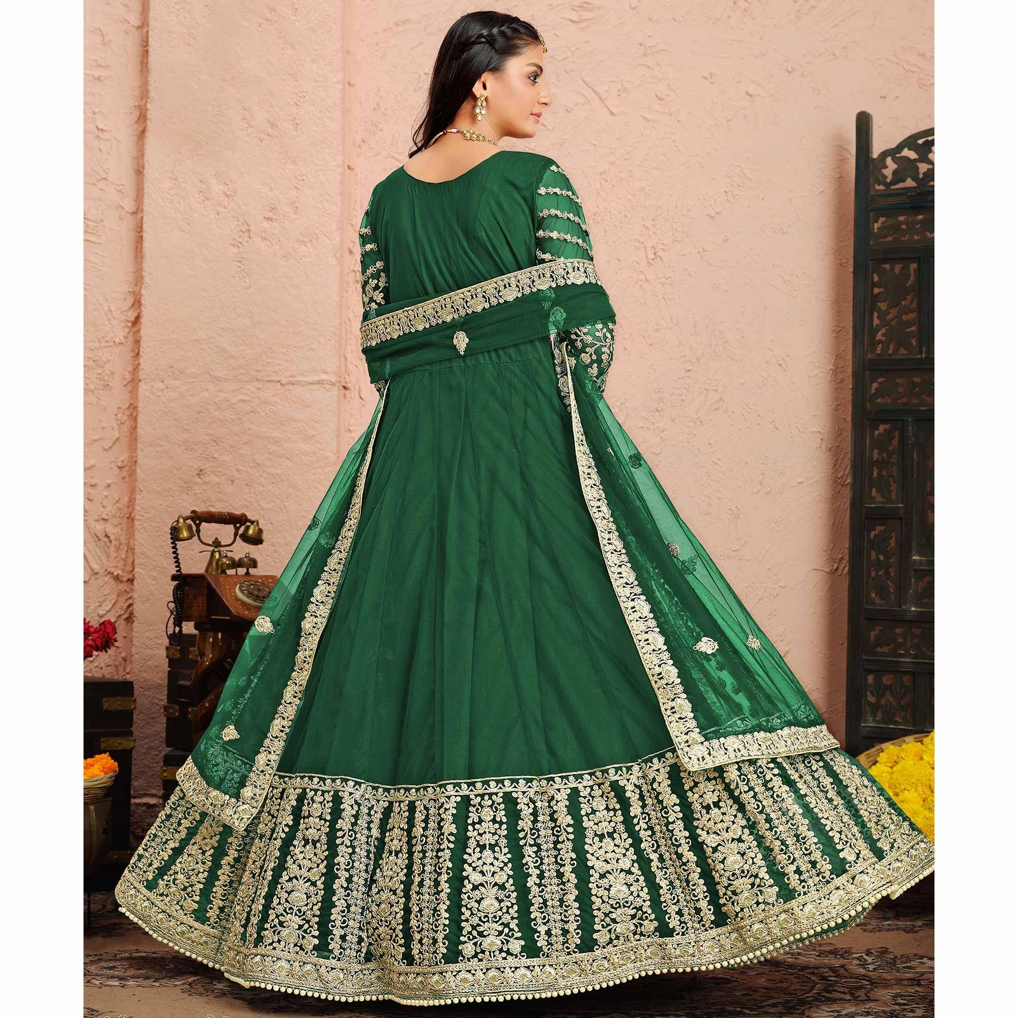 Green Partywear Embroidered Net Anarkali Suit - Peachmode