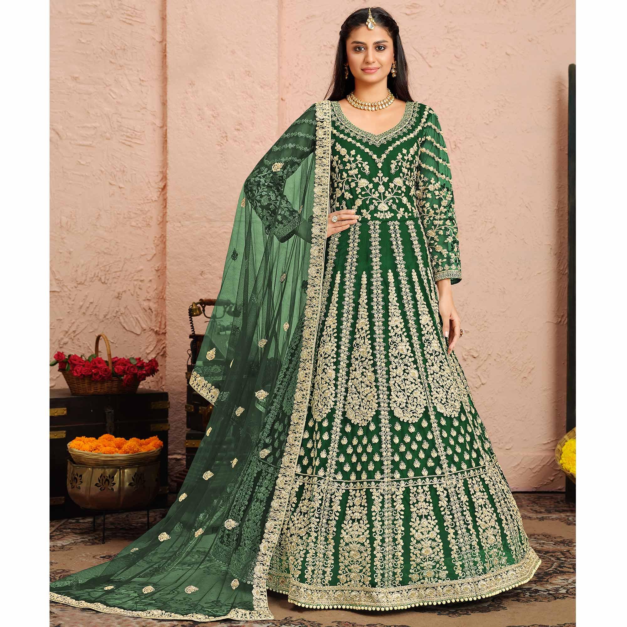 Green Partywear Embroidered Net Anarkali Suit - Peachmode