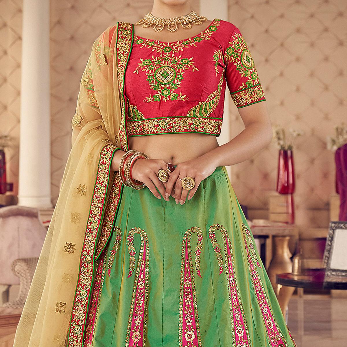 Green Partywear Embroidered Organza Lehenga Choli - Peachmode
