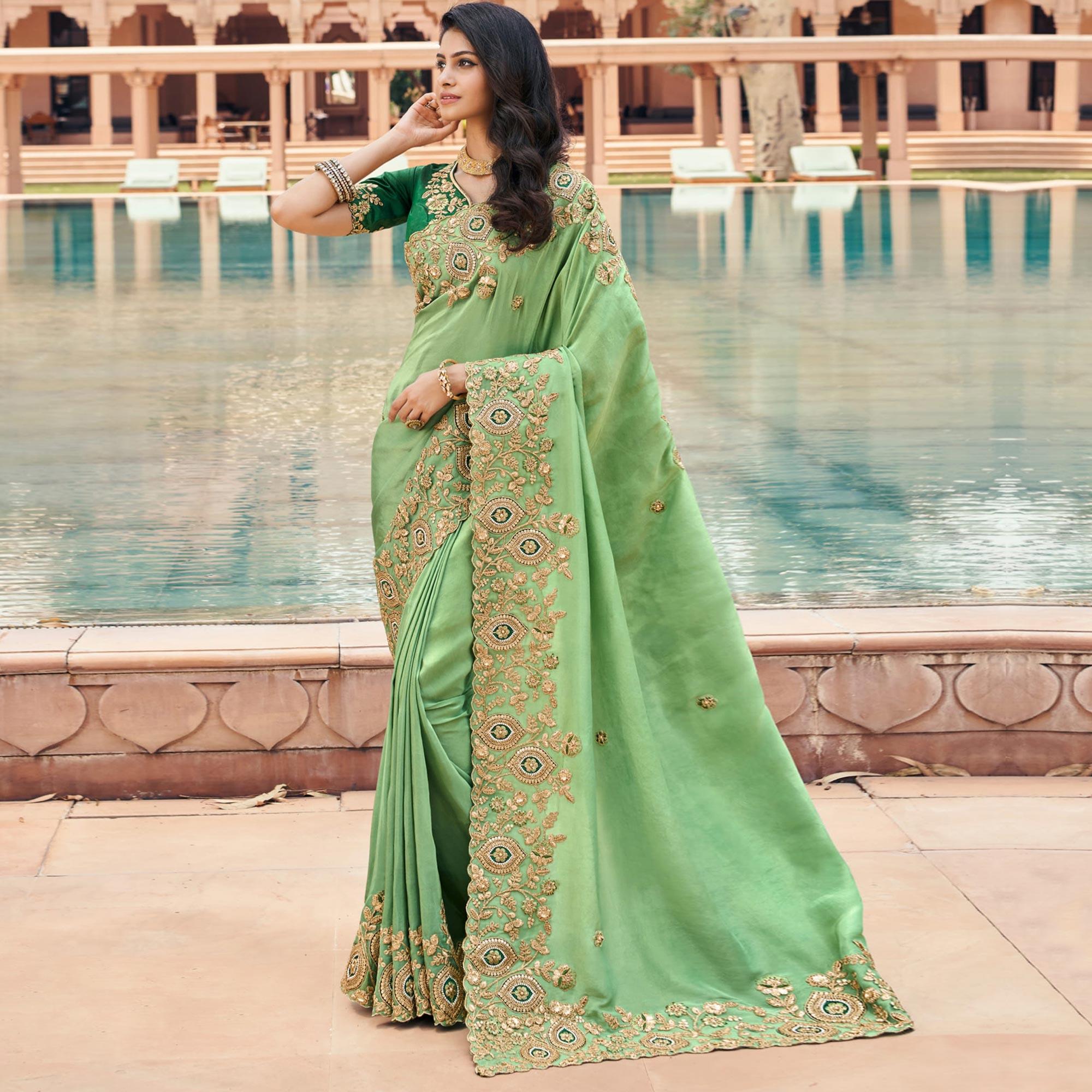 Green Partywear Embroidered Organza Saree - Peachmode
