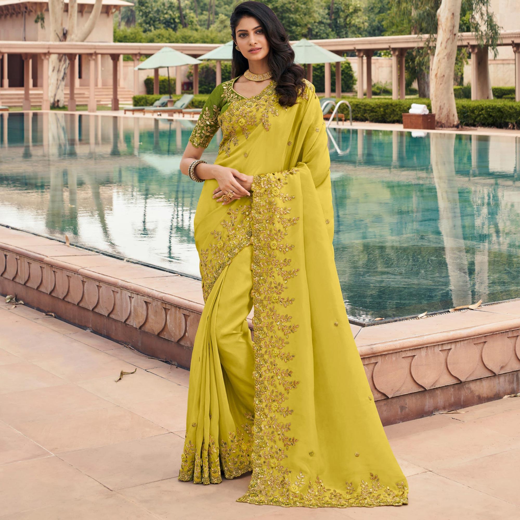 Green Partywear Embroidered Organza Saree - Peachmode