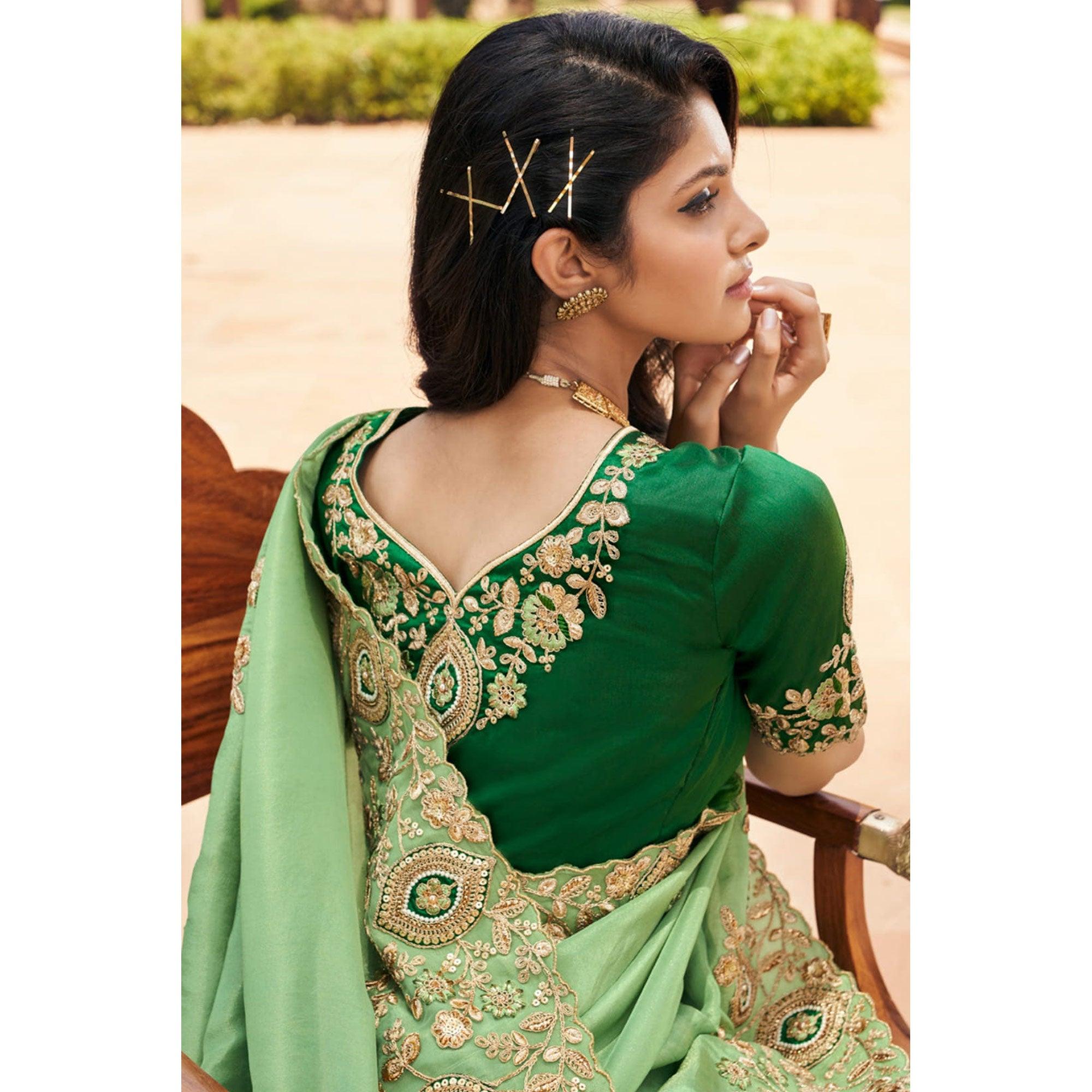 Green Partywear Embroidered Organza Saree - Peachmode