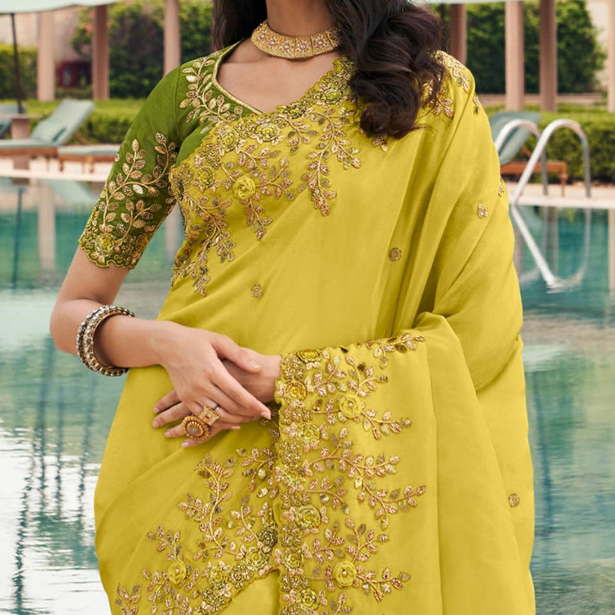 Green Partywear Embroidered Organza Saree - Peachmode