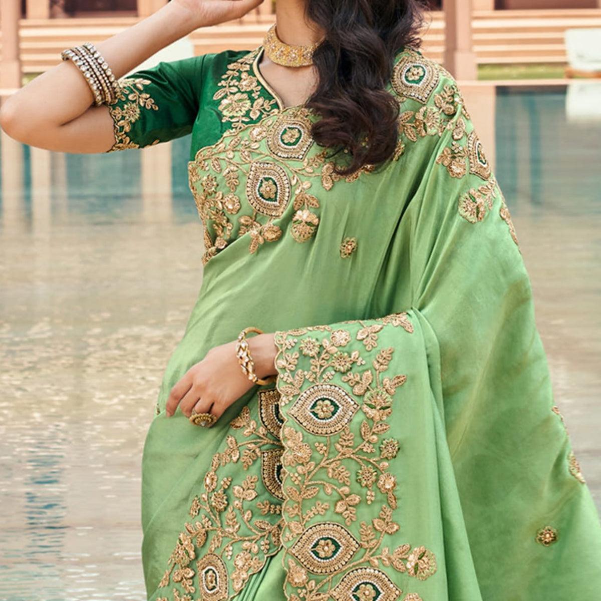 Green Partywear Embroidered Organza Saree - Peachmode