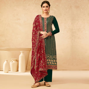 Green Partywear Embroidered Pure Georgette Kurti Pant Set With Dupatta - Peachmode