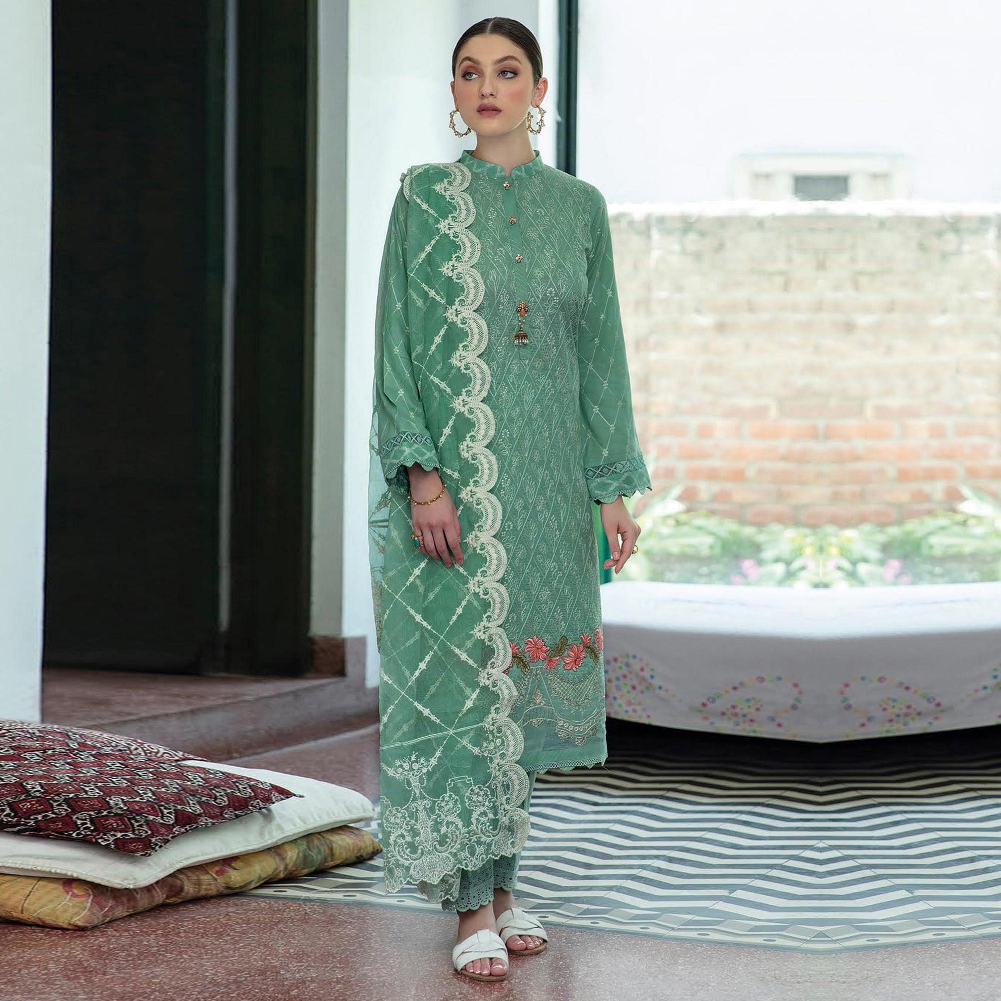 Green Partywear Embroidered Pure Jam Cotton Pakistani Suit - Peachmode