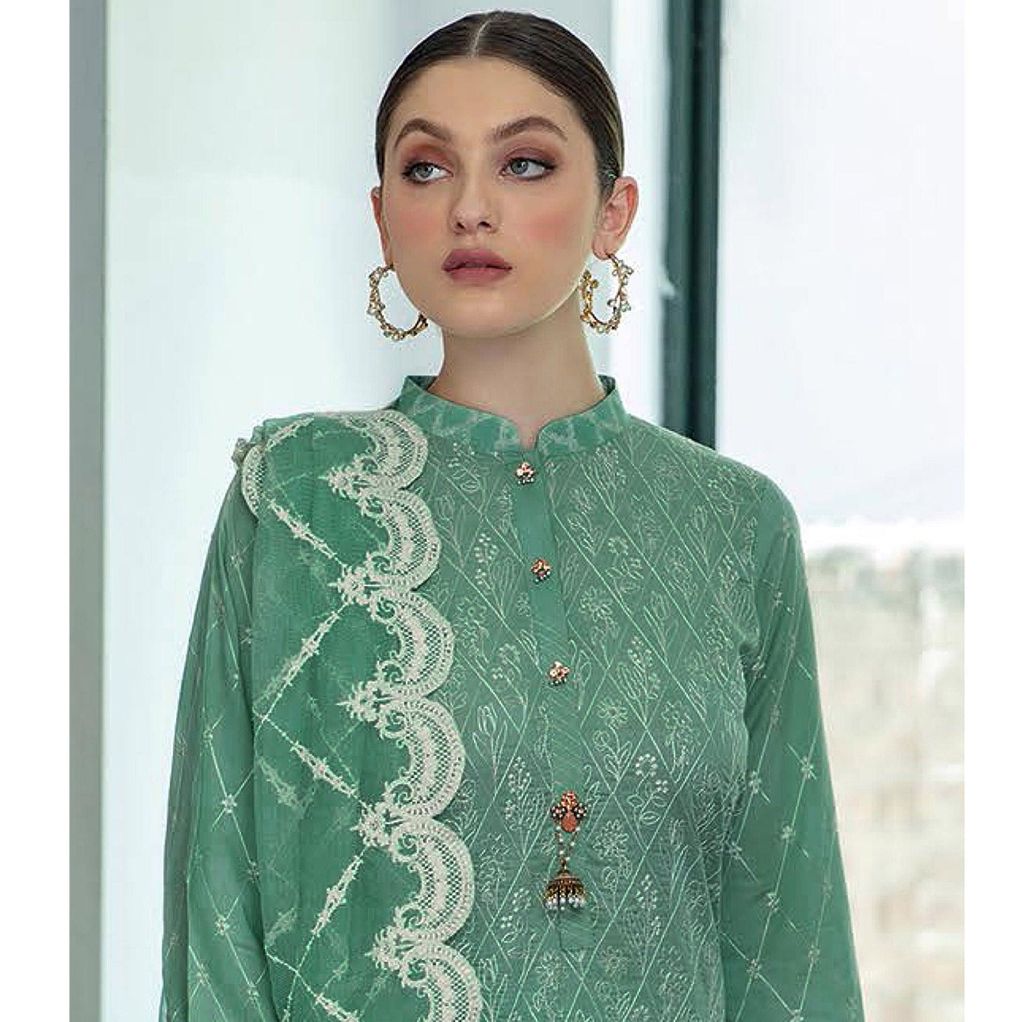 Green Partywear Embroidered Pure Jam Cotton Pakistani Suit - Peachmode