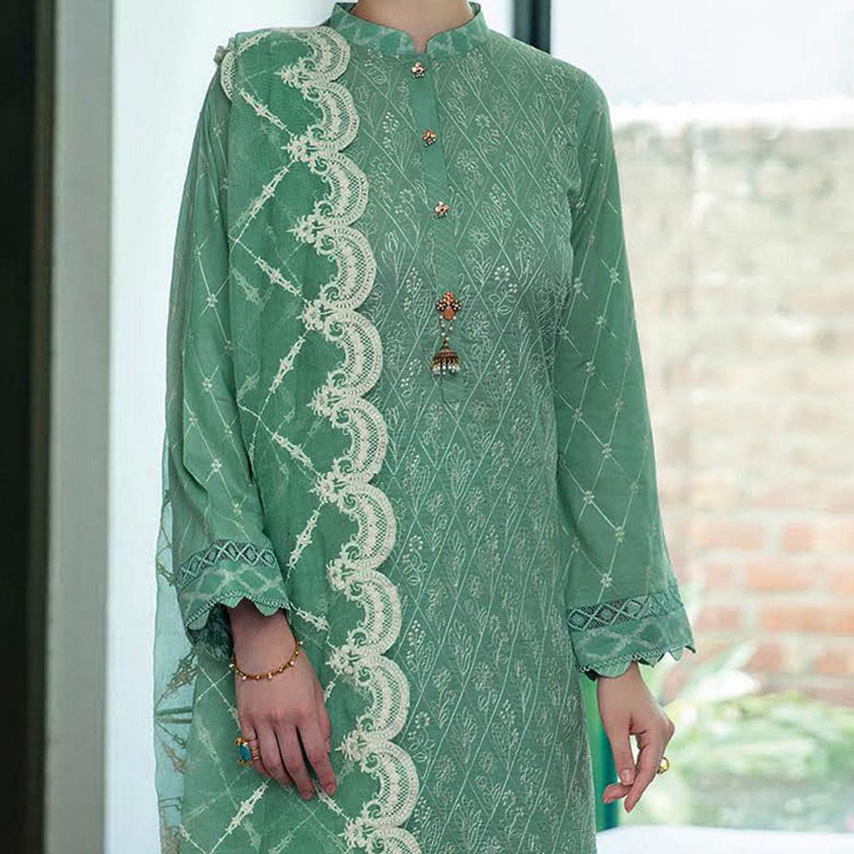 Green Partywear Embroidered Pure Jam Cotton Pakistani Suit - Peachmode