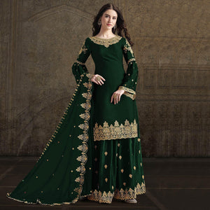 Green Partywear Embroidered Rangoli Georgette Palazzo Suit - Peachmode