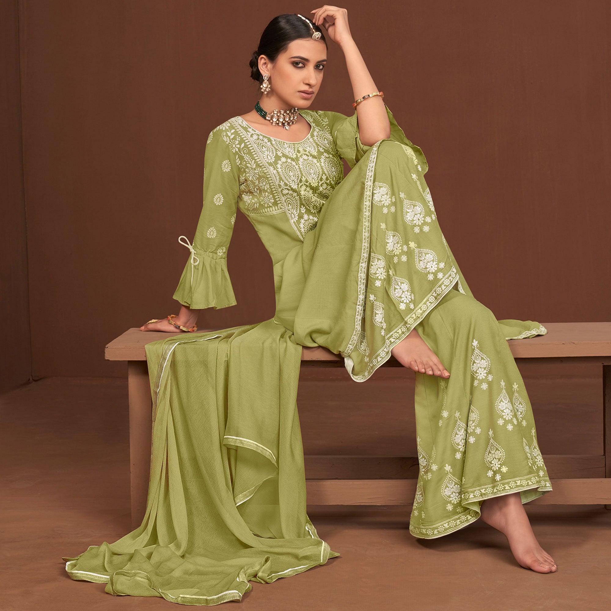 Green Partywear Embroidered Rayon Palazzo Suit - Peachmode