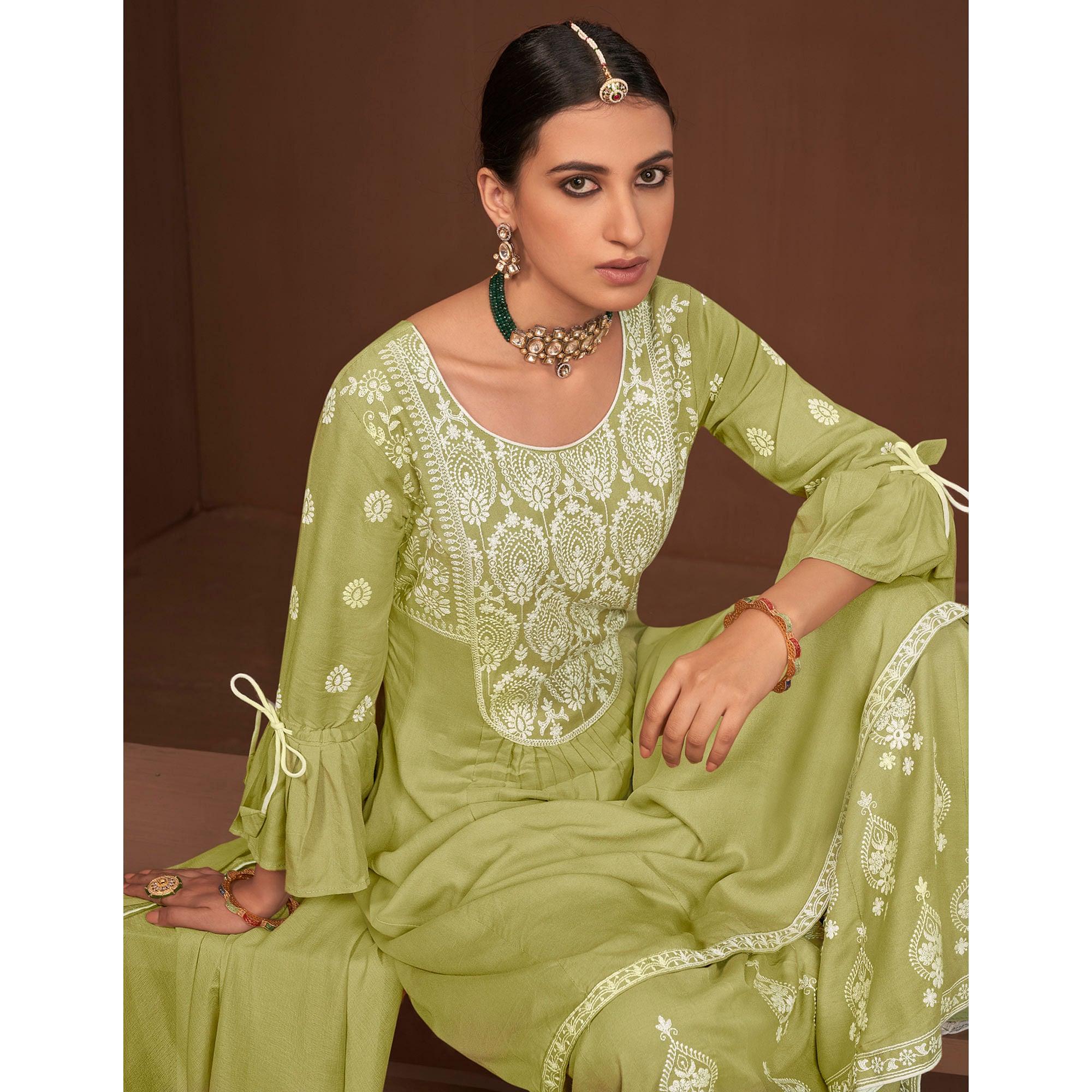 Green Partywear Embroidered Rayon Palazzo Suit - Peachmode