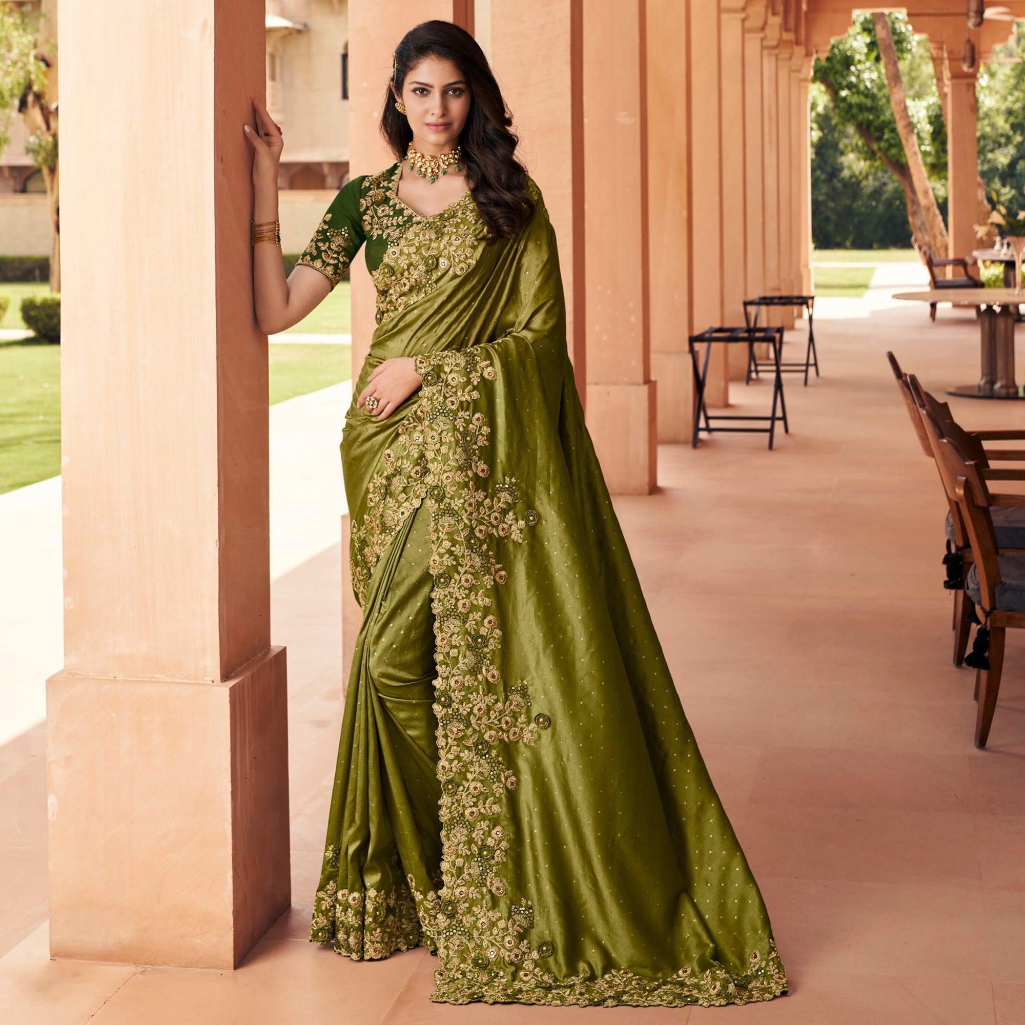 Green Partywear Embroidered Russian Silk Saree - Peachmode