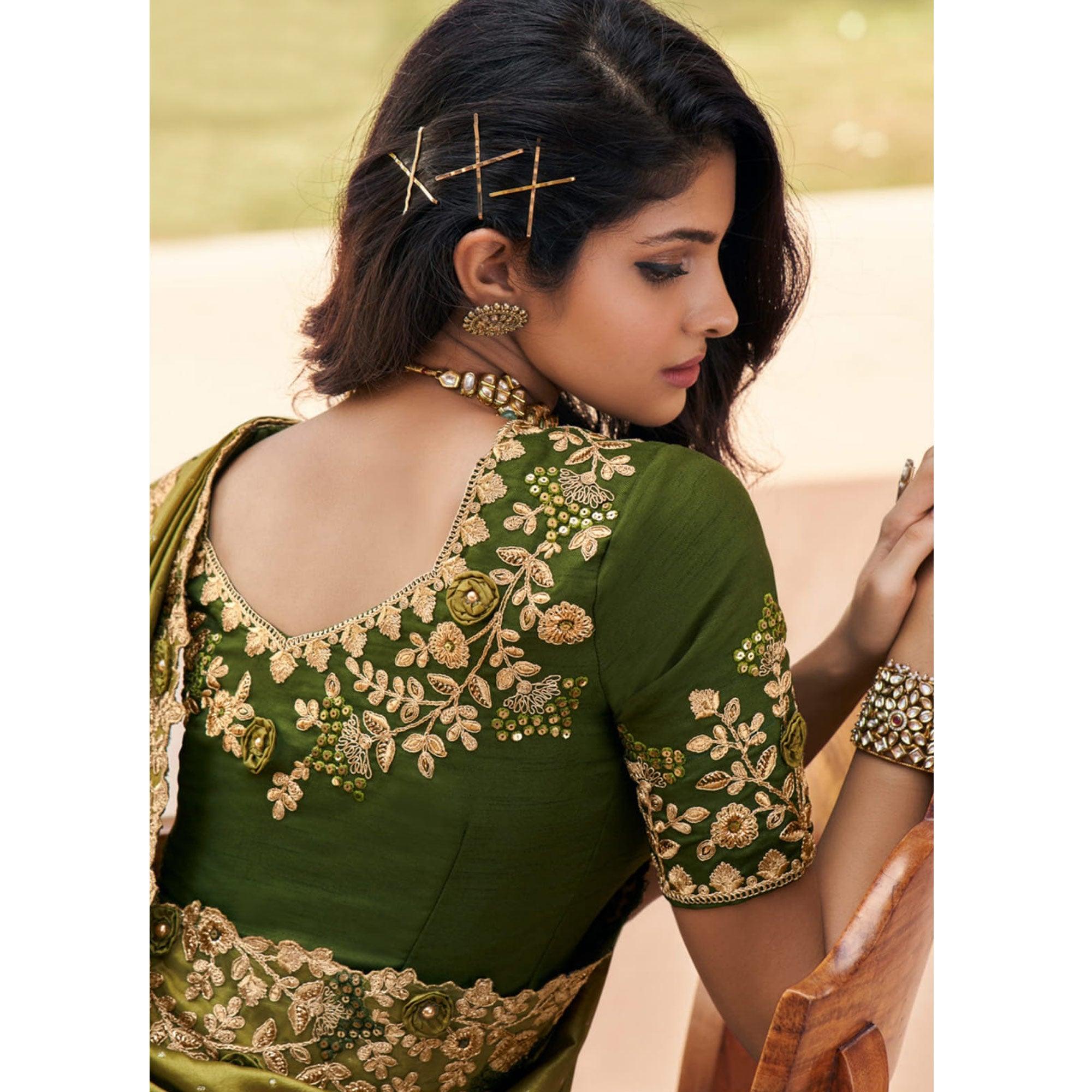 Green Partywear Embroidered Russian Silk Saree - Peachmode