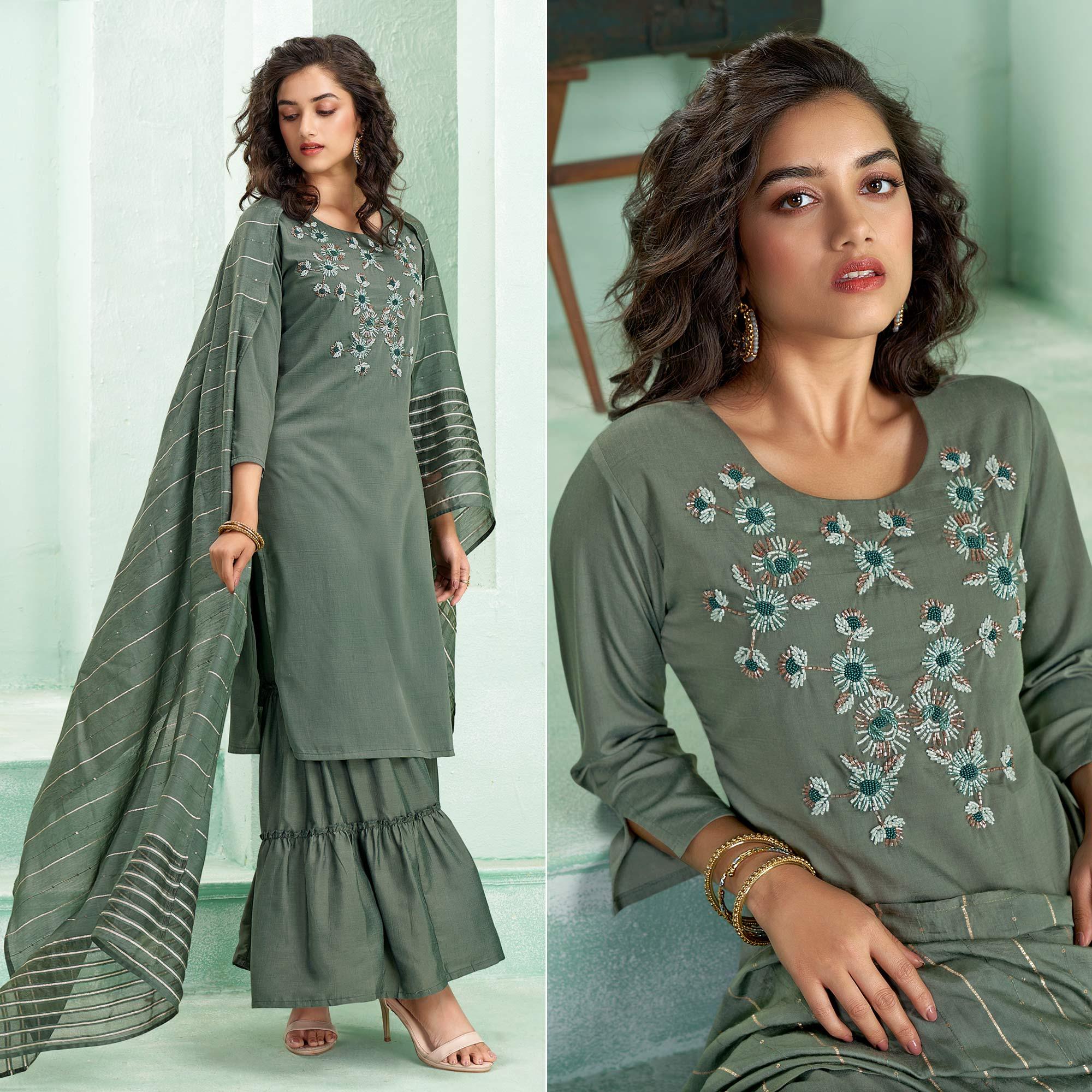 Green Partywear Embroidered Silk Palazzo Suit with Dupatta - Peachmode
