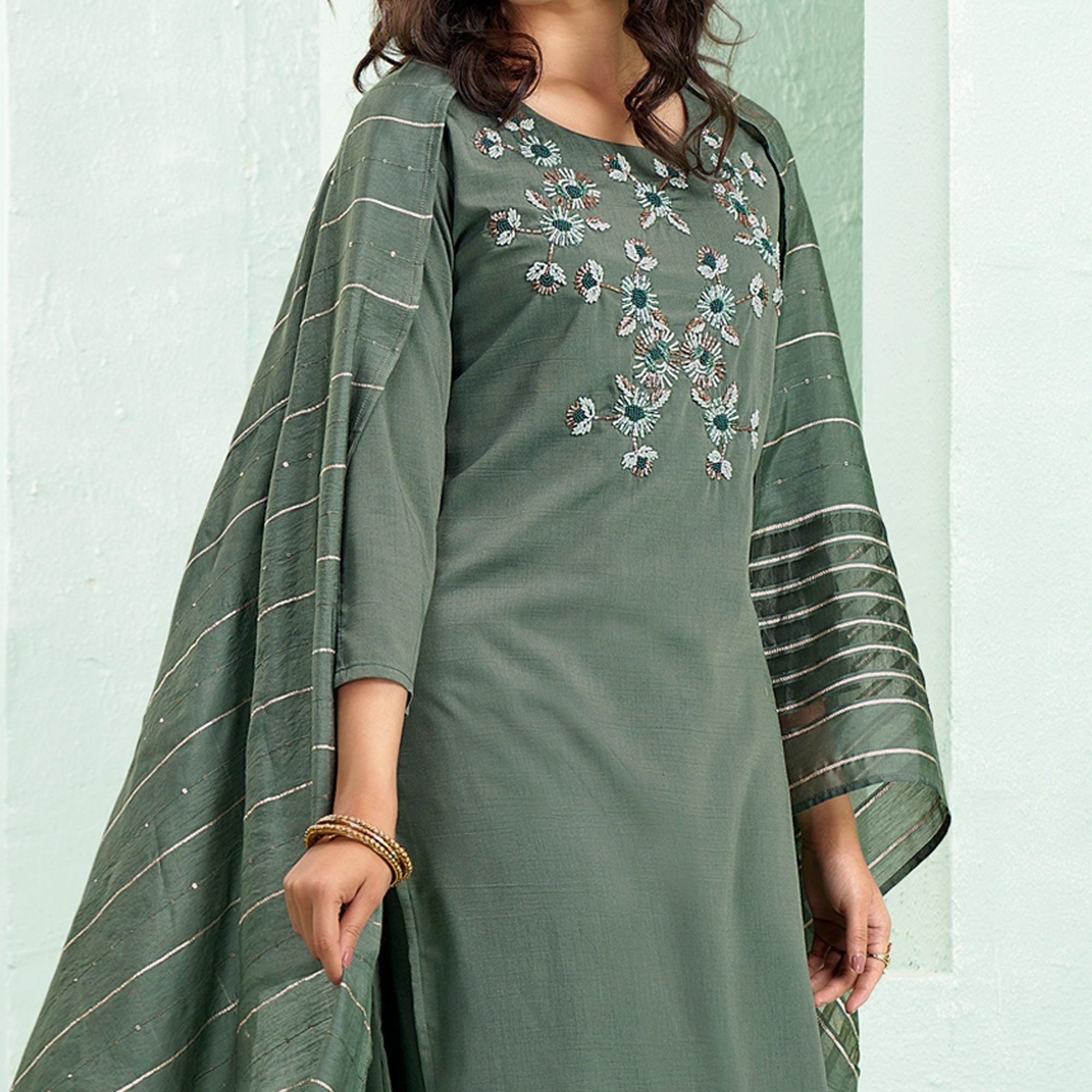 Green Partywear Embroidered Silk Palazzo Suit with Dupatta - Peachmode