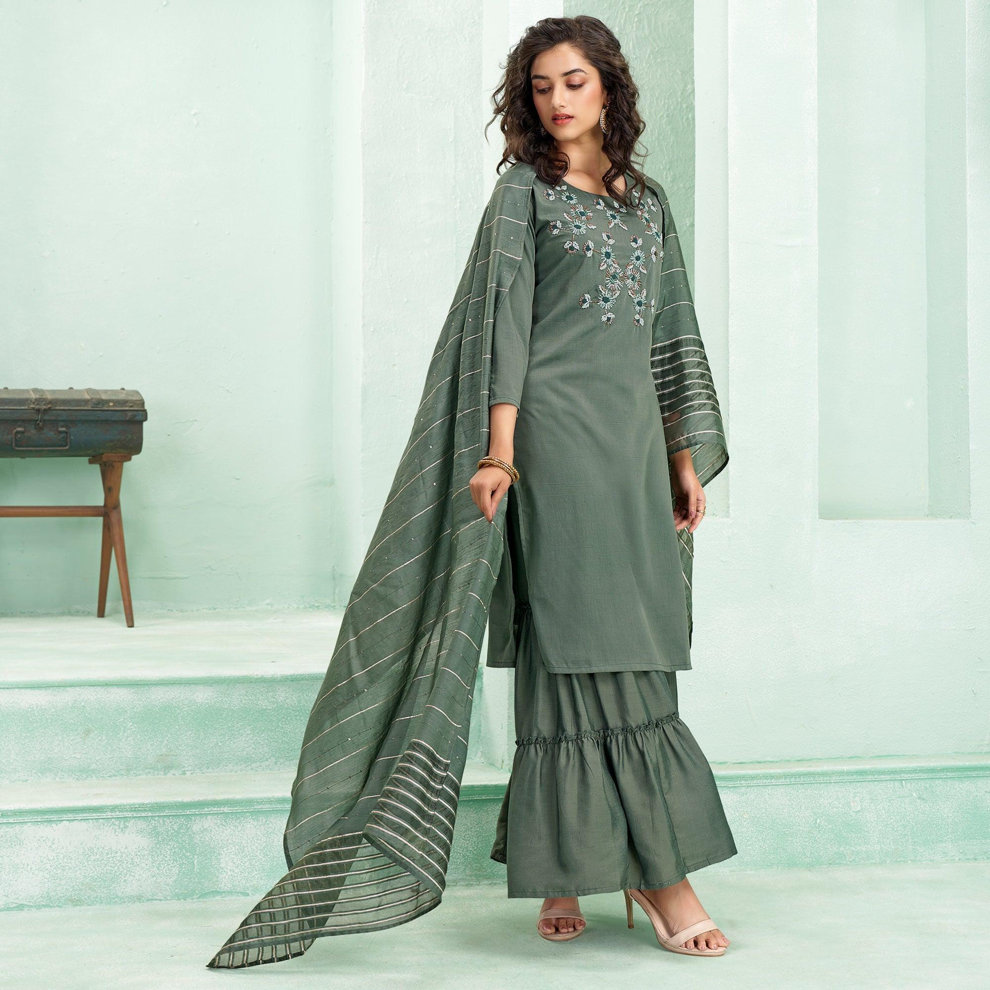 Green Partywear Embroidered Silk Palazzo Suit with Dupatta - Peachmode