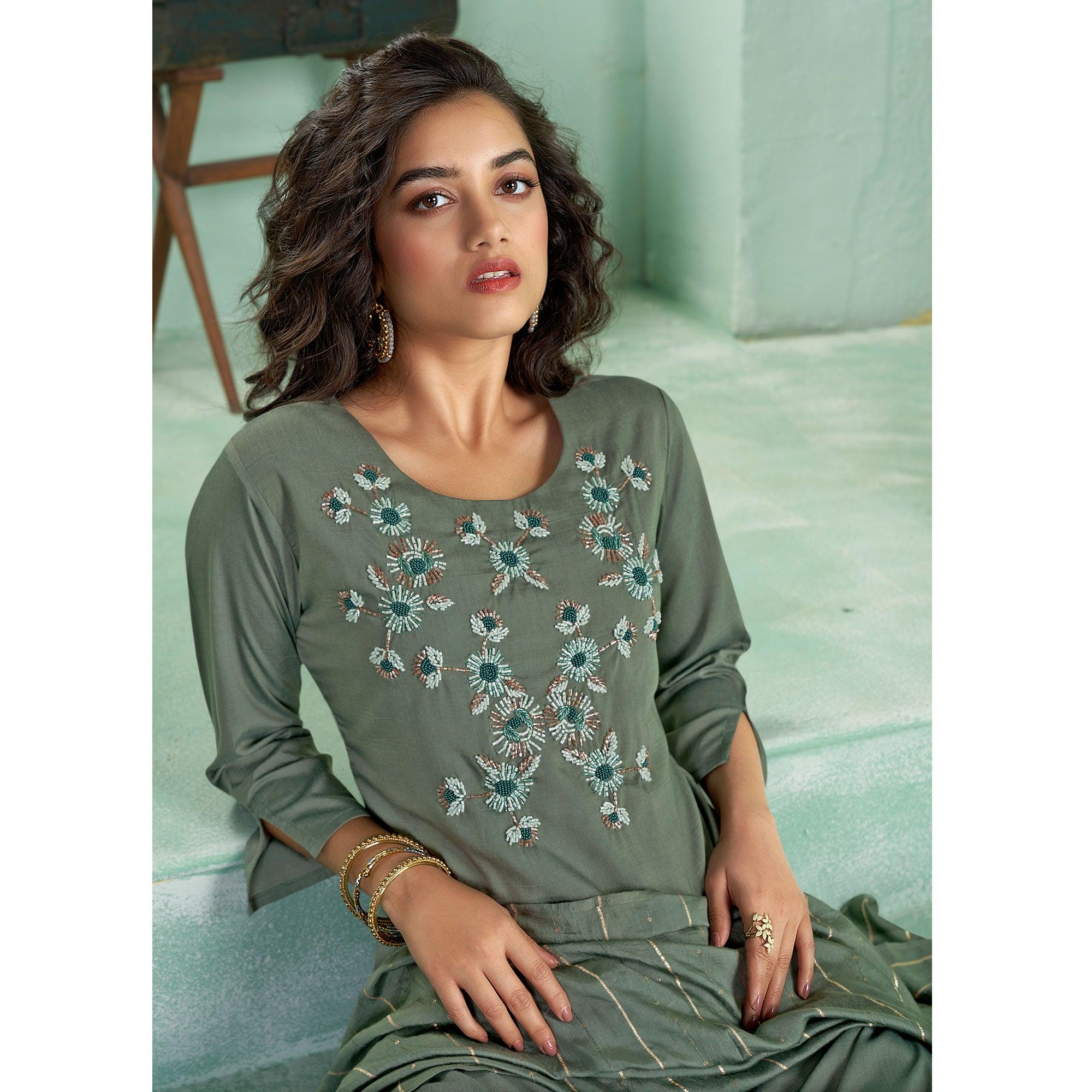 Green Partywear Embroidered Silk Palazzo Suit with Dupatta - Peachmode