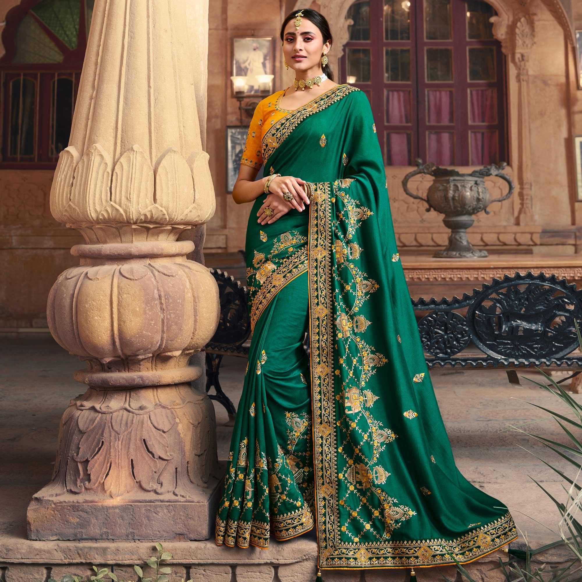 Green Partywear Embroidered Silk Saree - Peachmode