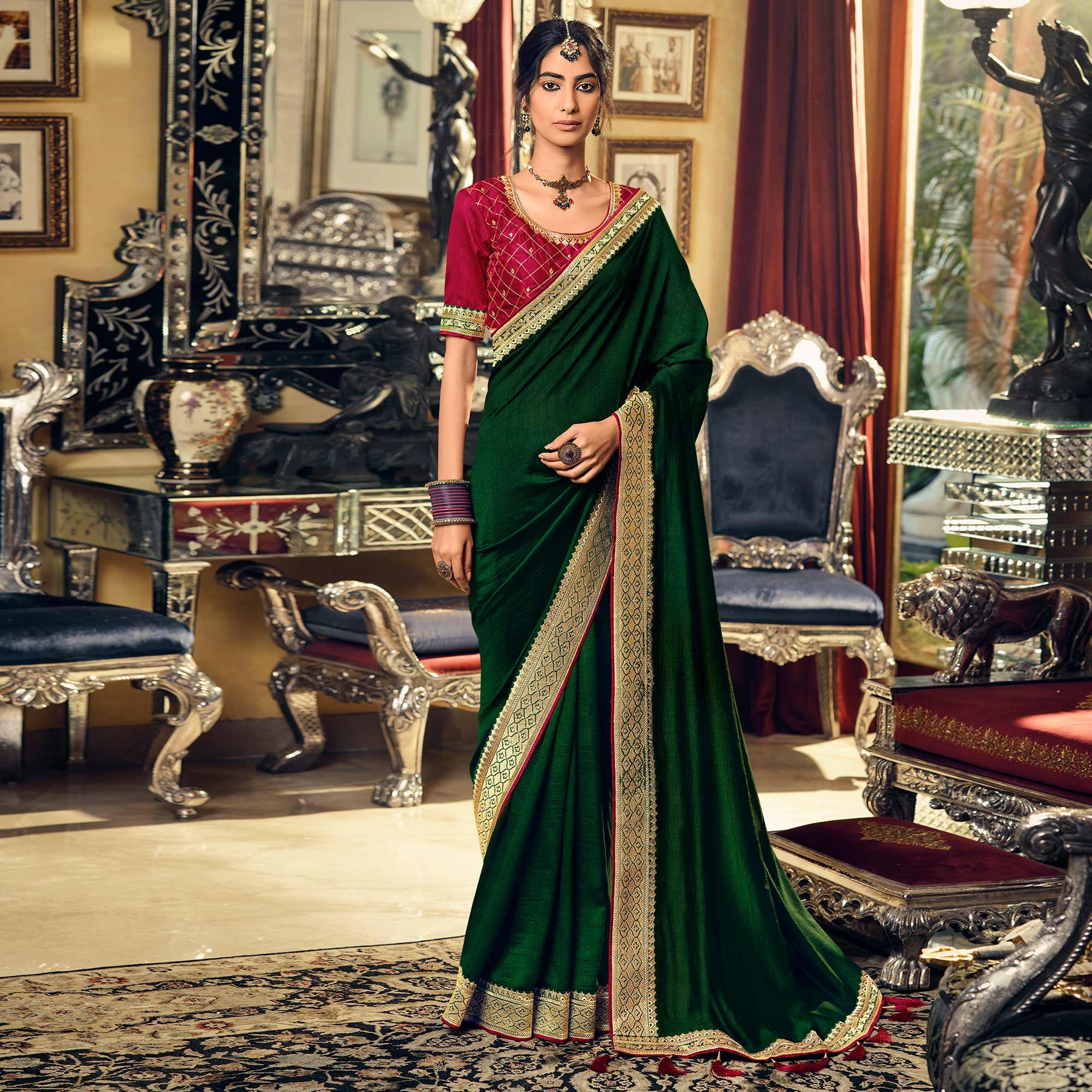 Green Partywear Embroidered Silk Saree - Peachmode
