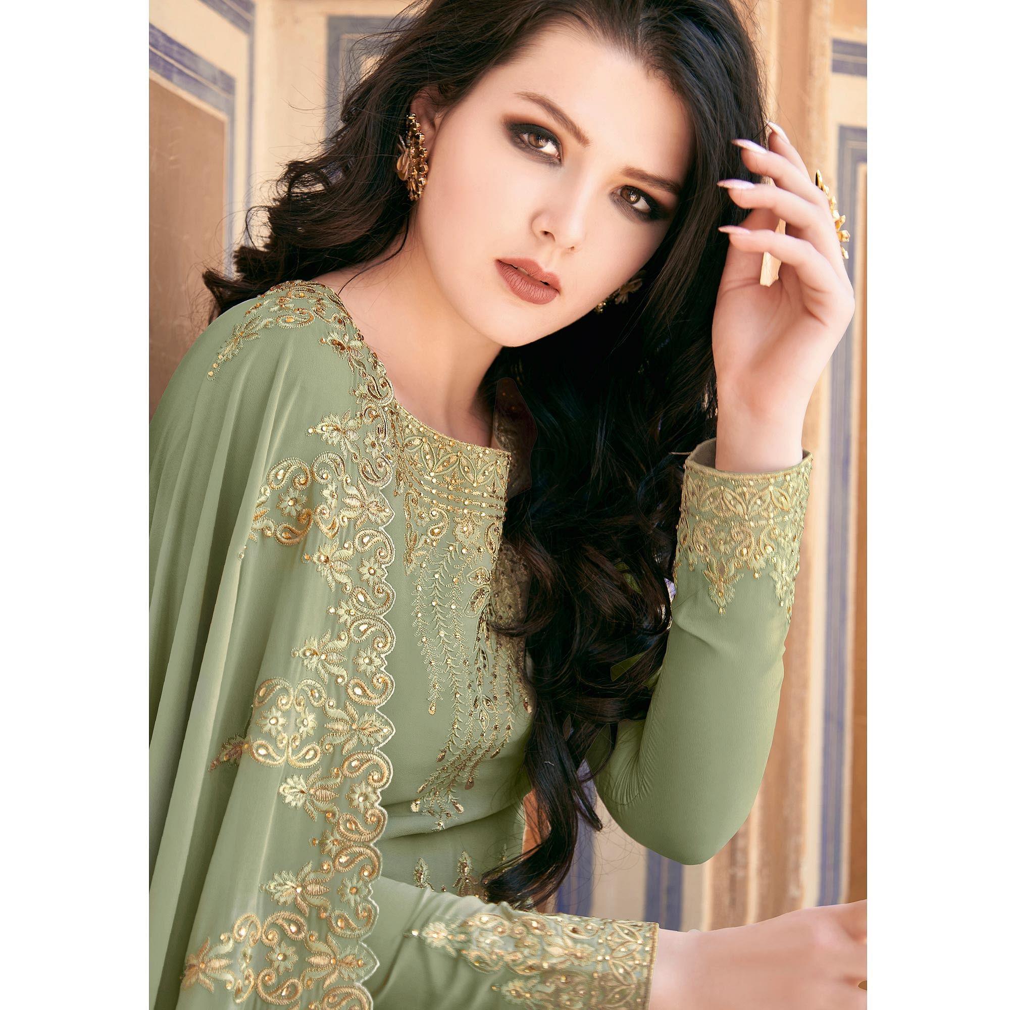 Green Partywear Embroidered Soft Georgette Suit - Peachmode