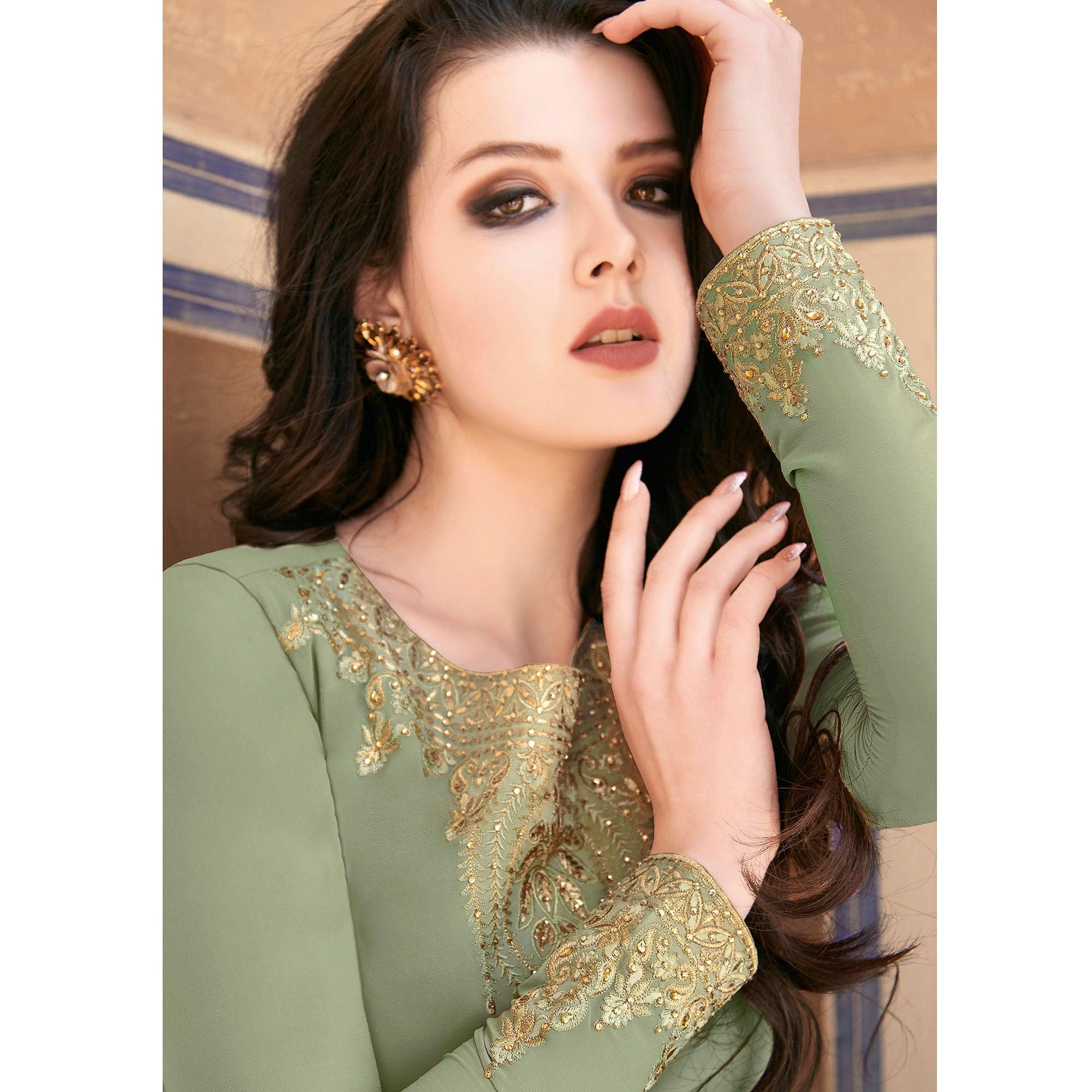 Green Partywear Embroidered Soft Georgette Suit - Peachmode
