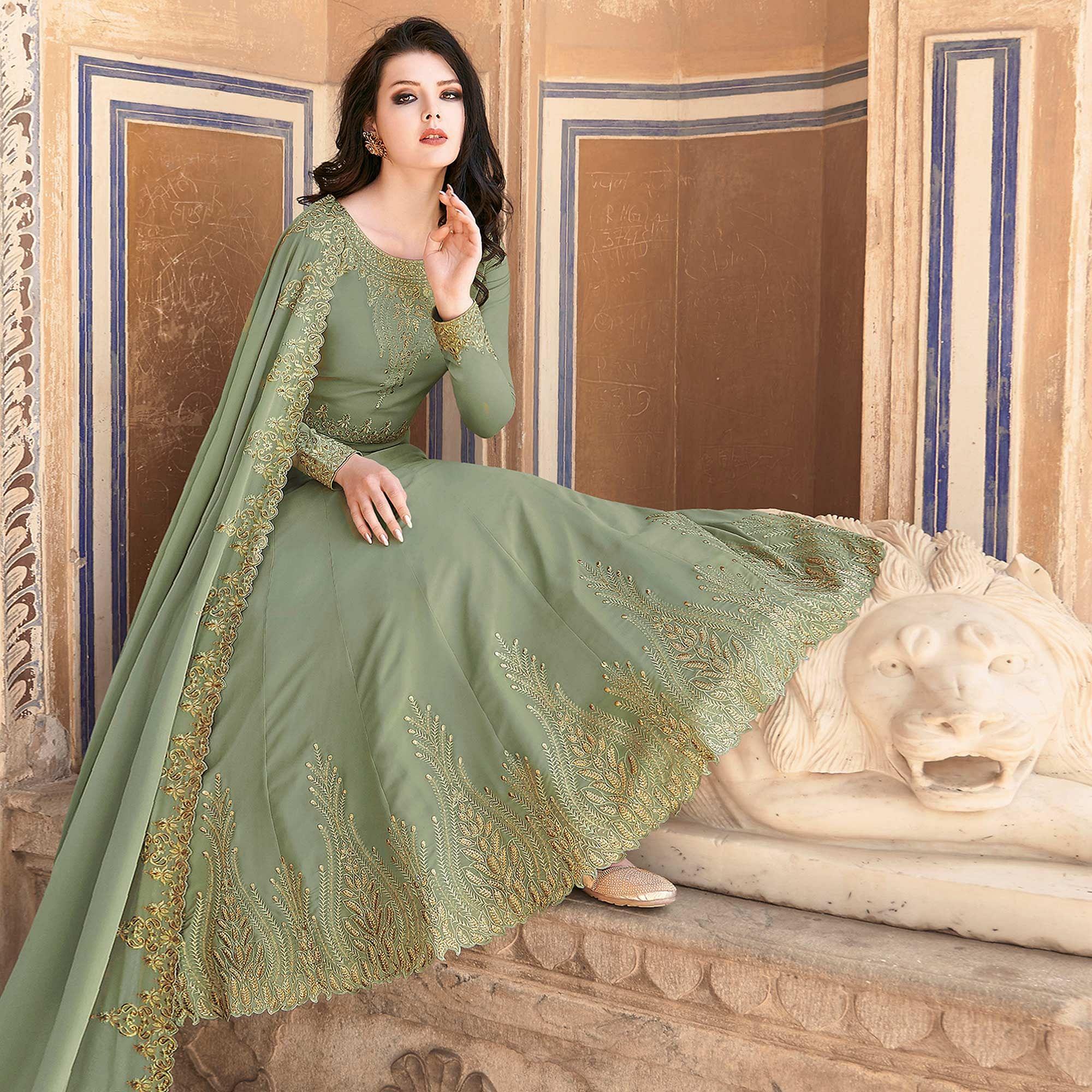 Green Partywear Embroidered Soft Georgette Suit - Peachmode