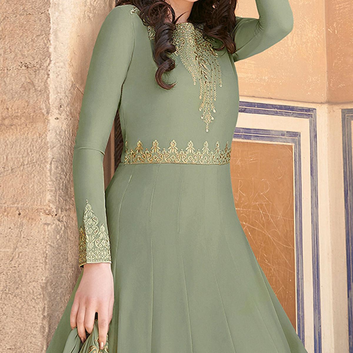Green Partywear Embroidered Soft Georgette Suit - Peachmode