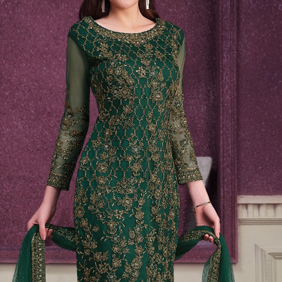 Green Partywear Embroidered Soft Net Suit - Peachmode