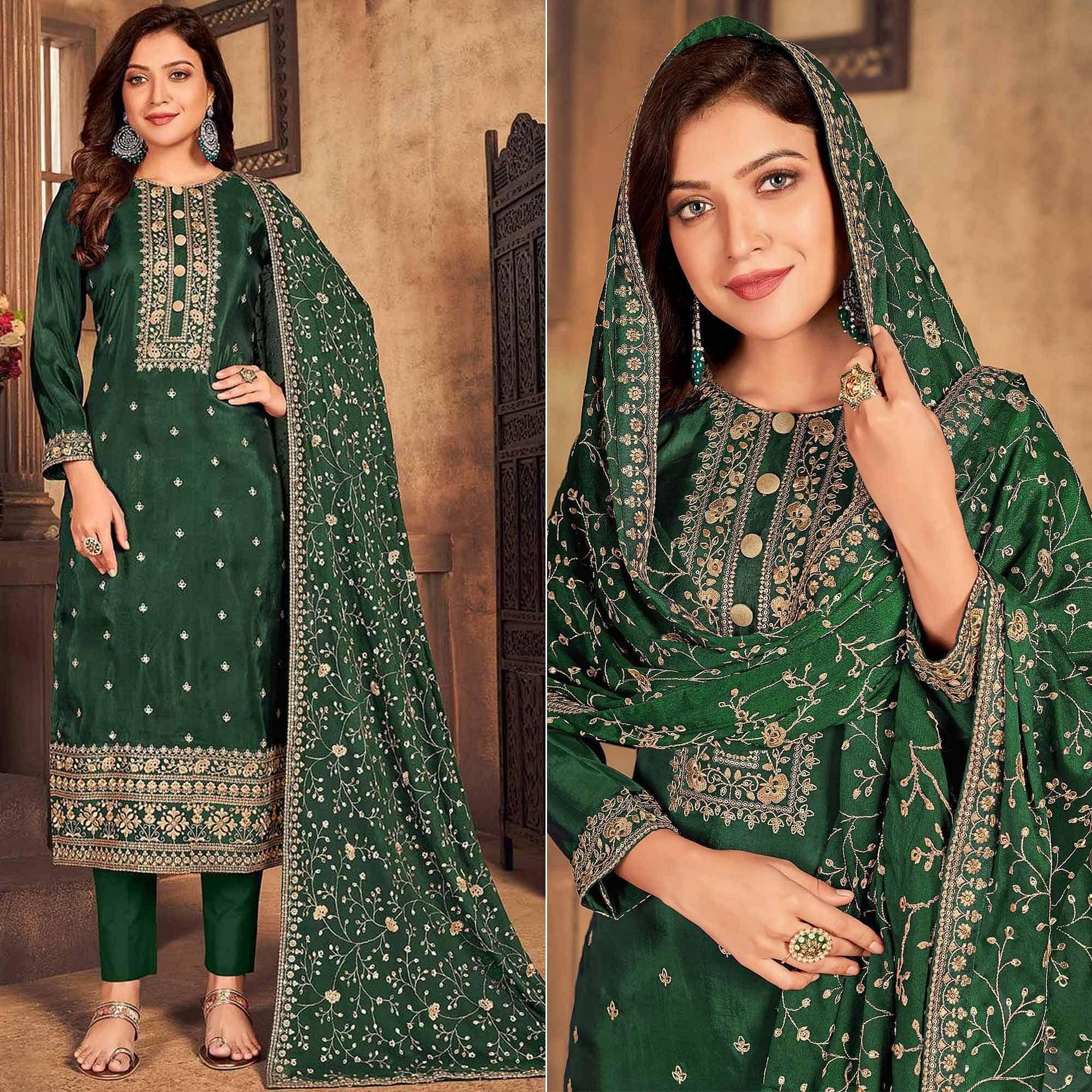 Green Partywear Embroidered Viscose Upada Salwar Suit - Peachmode