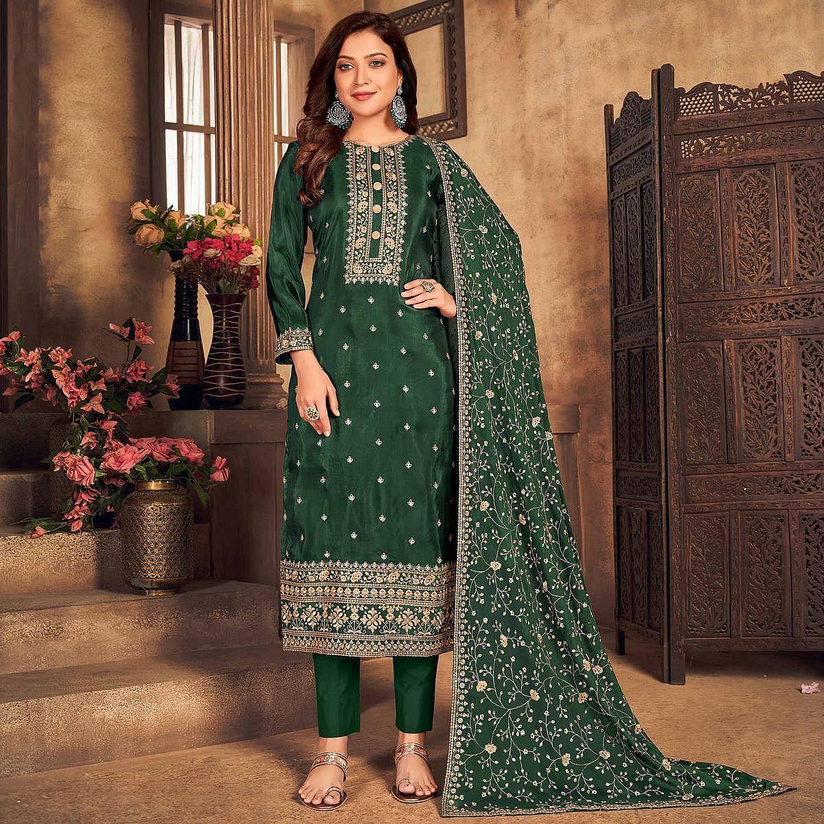 Green Partywear Embroidered Viscose Upada Salwar Suit - Peachmode