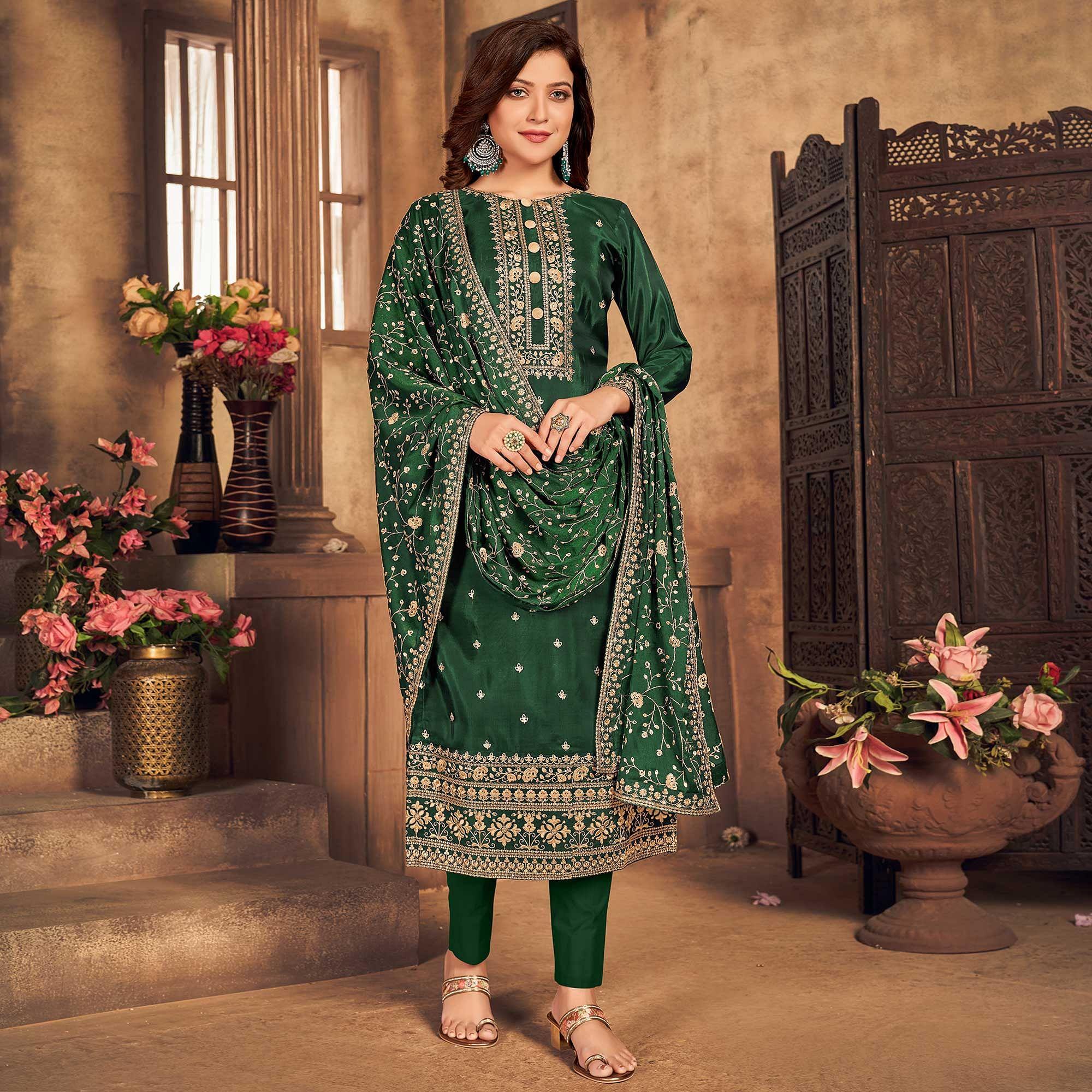 Green Partywear Embroidered Viscose Upada Salwar Suit - Peachmode