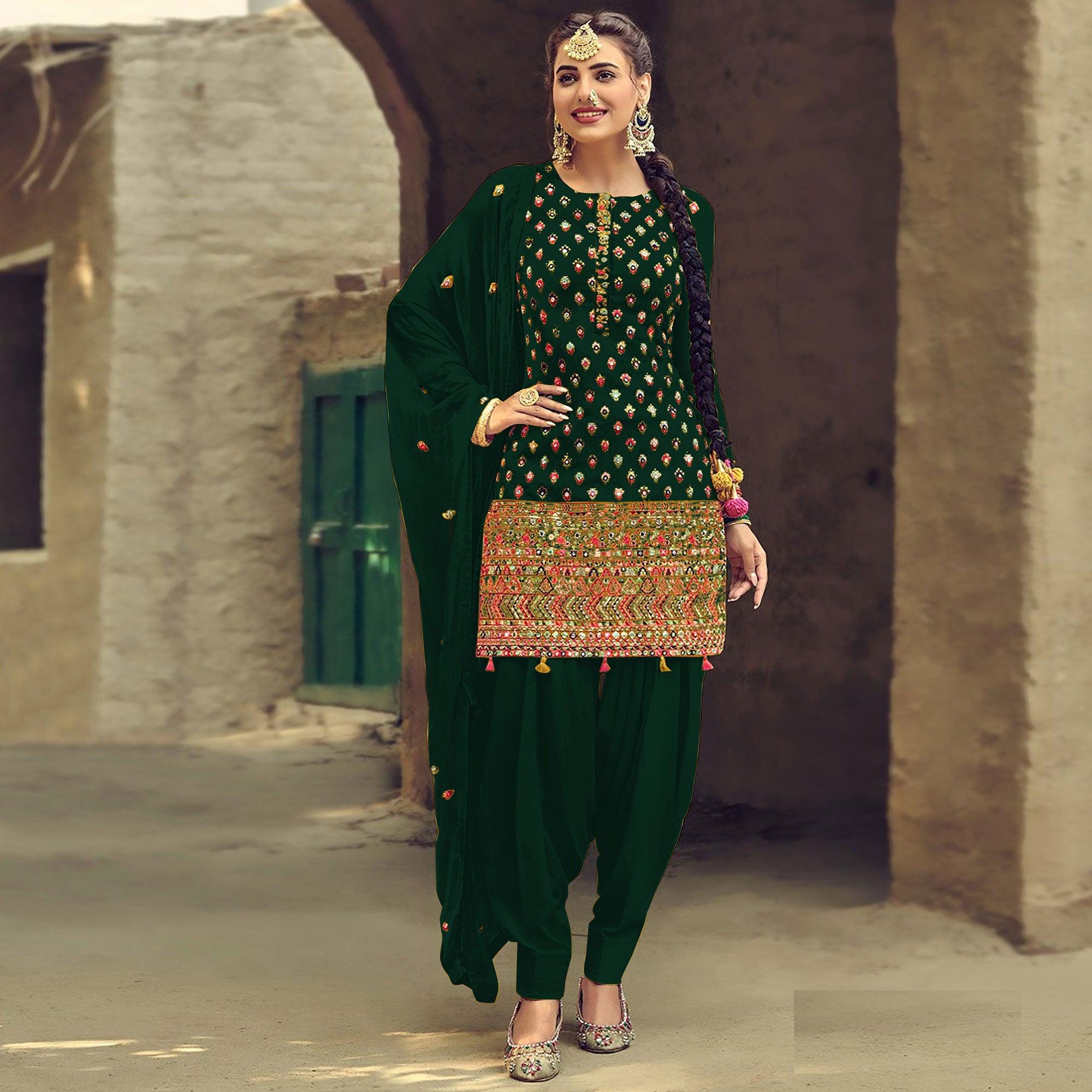 Green Partywear Embroidered with Sequence Work Heavy Faux Georgette Patiala Suit - Peachmode