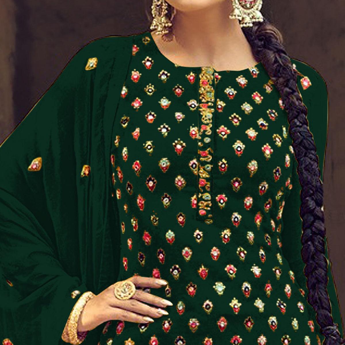Green Partywear Embroidered with Sequence Work Heavy Faux Georgette Patiala Suit - Peachmode