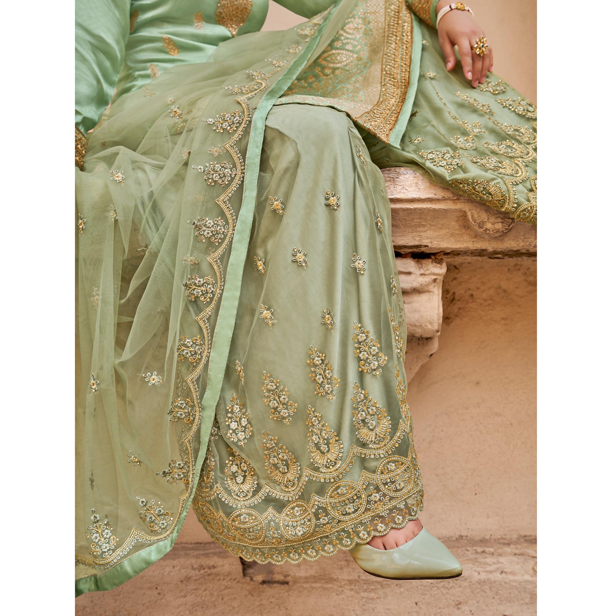 Green Partywear Embroidered With Stone Work Dola Jacquard Palazzo Suit - Peachmode