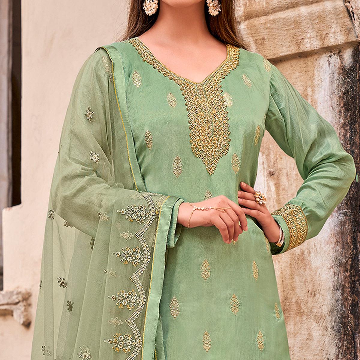 Green Partywear Embroidered With Stone Work Dola Jacquard Palazzo Suit - Peachmode